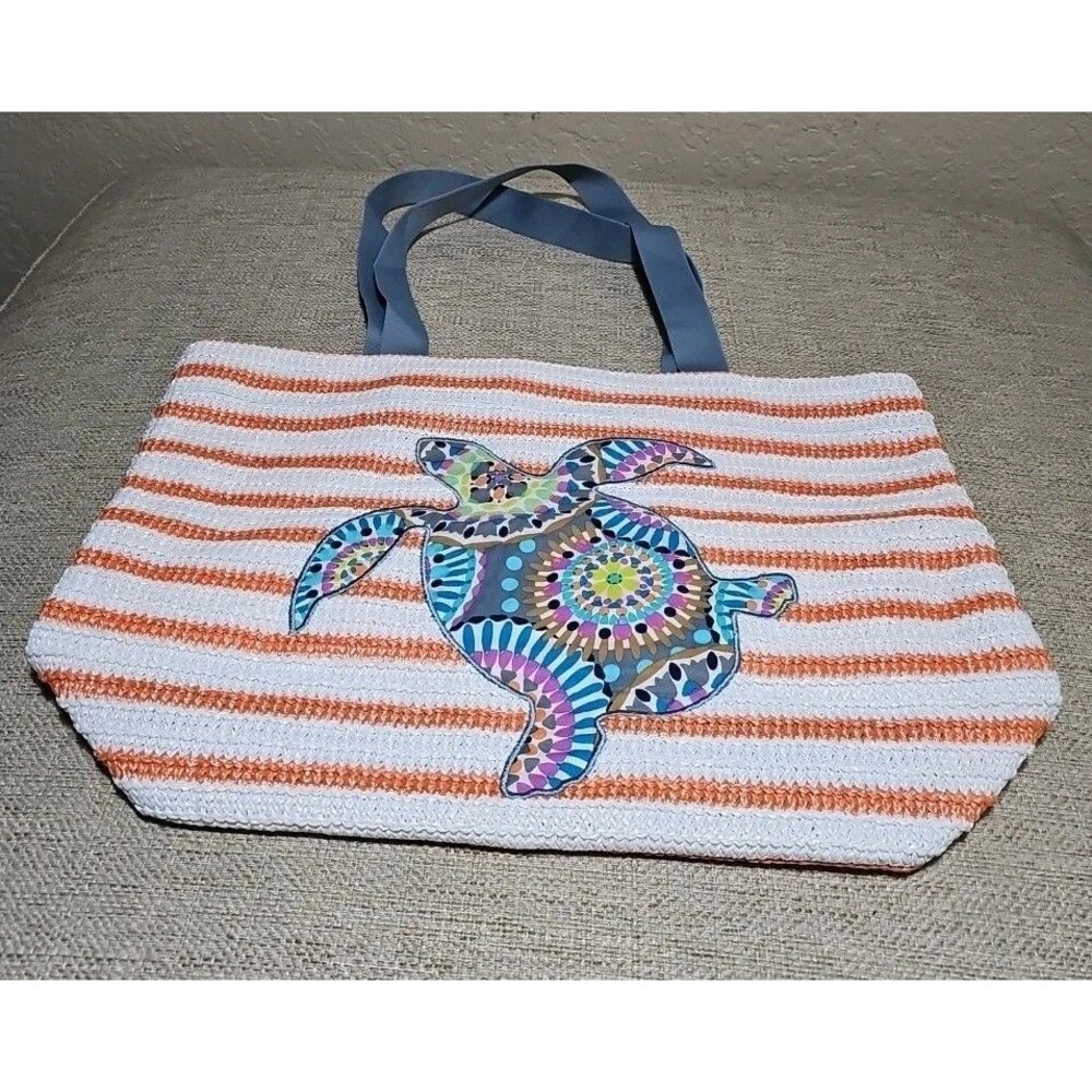 Vera Bradley Sunny Medallion Turtle  Orange Stripe Straw Tote Beach Bag NWOT - Picture 8 of 11